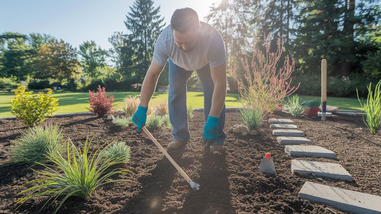 Drip irrigation lines being installed in a planned xeriscape garden bed