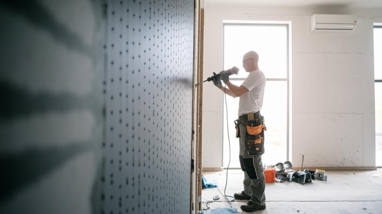 Person mounting a wooden herb wall planter with a drill and level