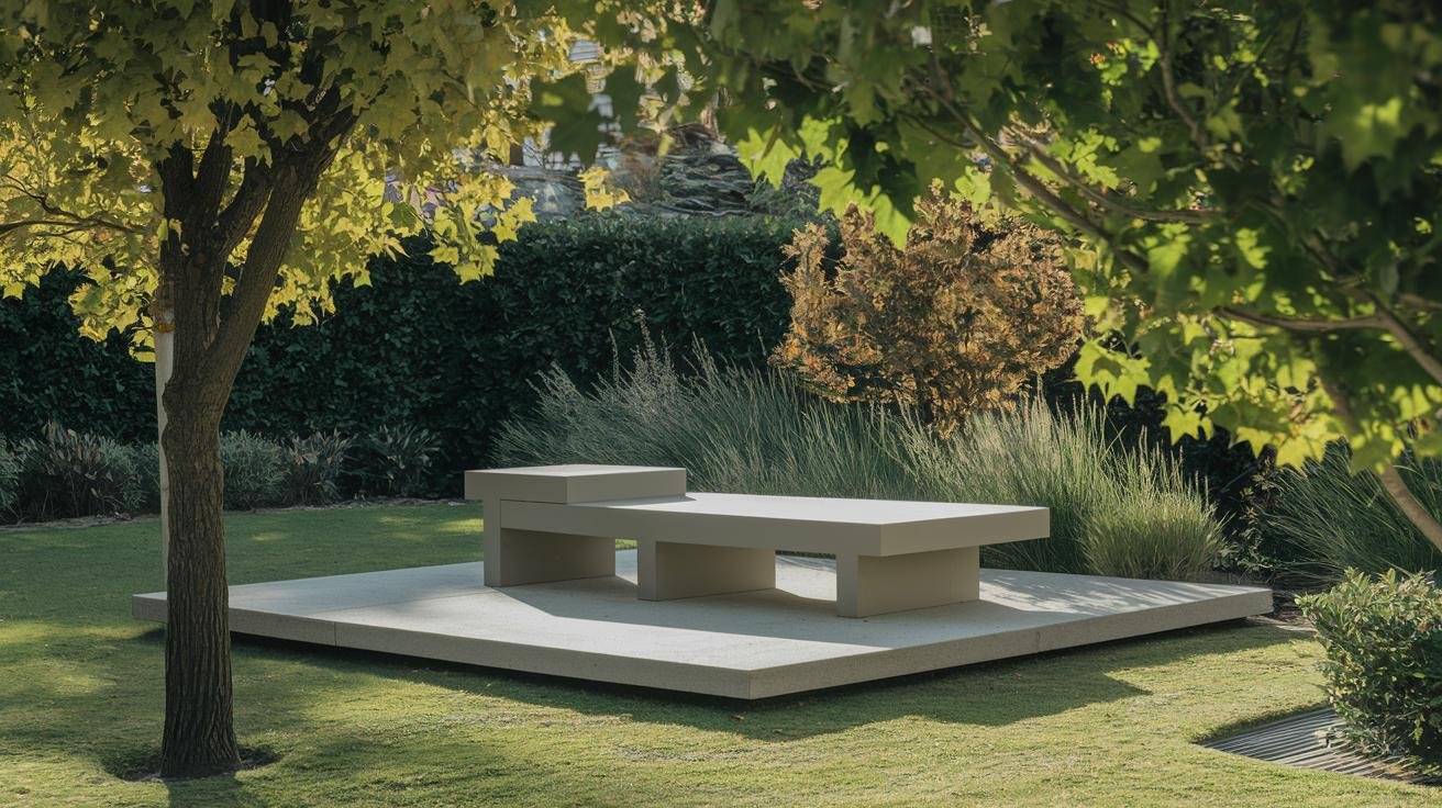 Person leveling a modern outdoor bench on a patio surface