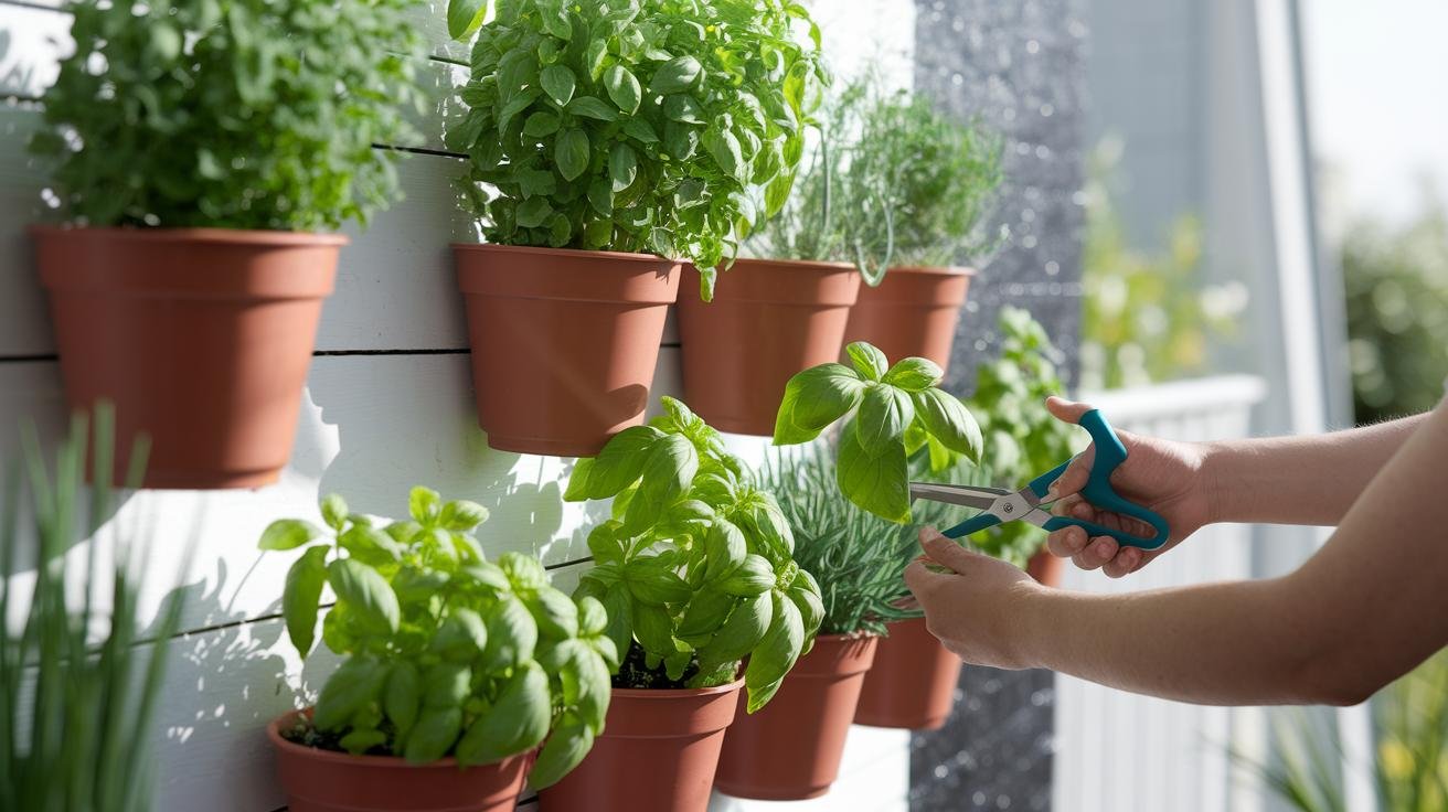 Hand pruning basil leaves from a wall-mounted herb garden