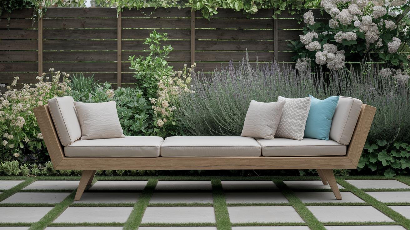Two-person modern outdoor bench with a measuring tape showing seat width