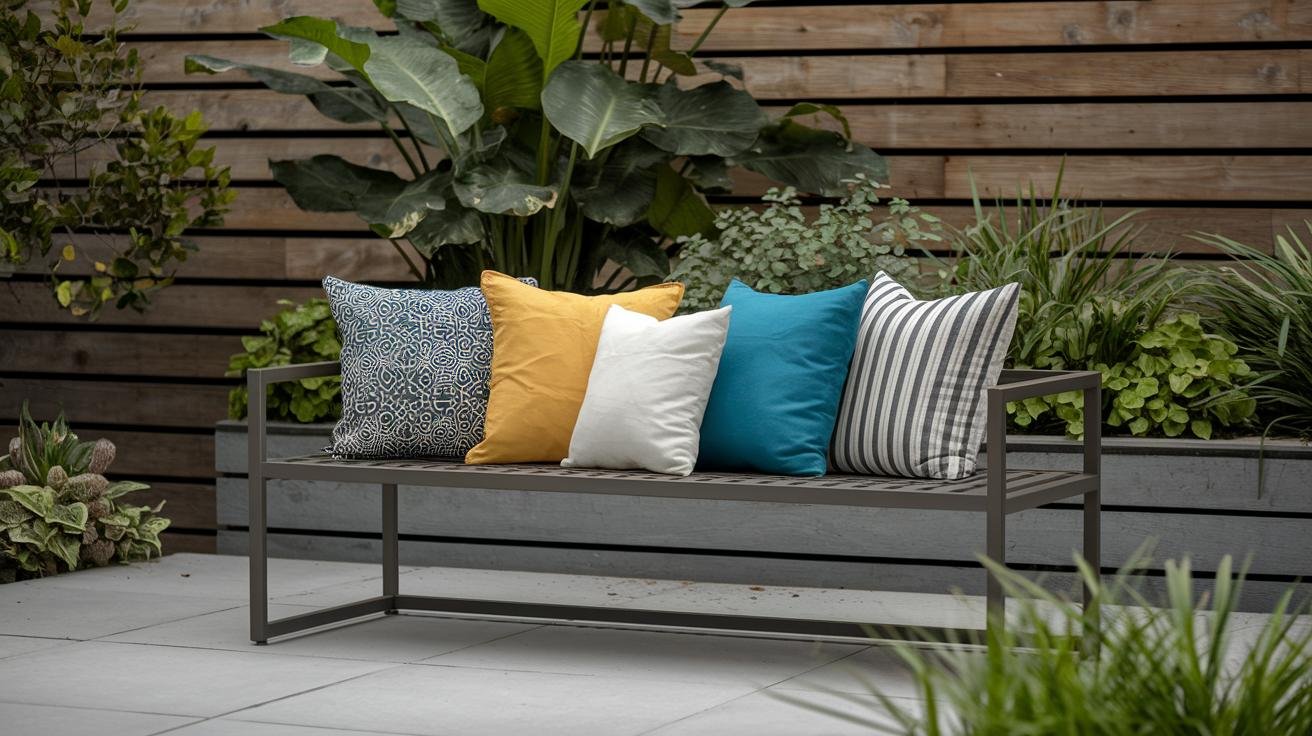 Three modern outdoor benches in different styles displayed in a showroom