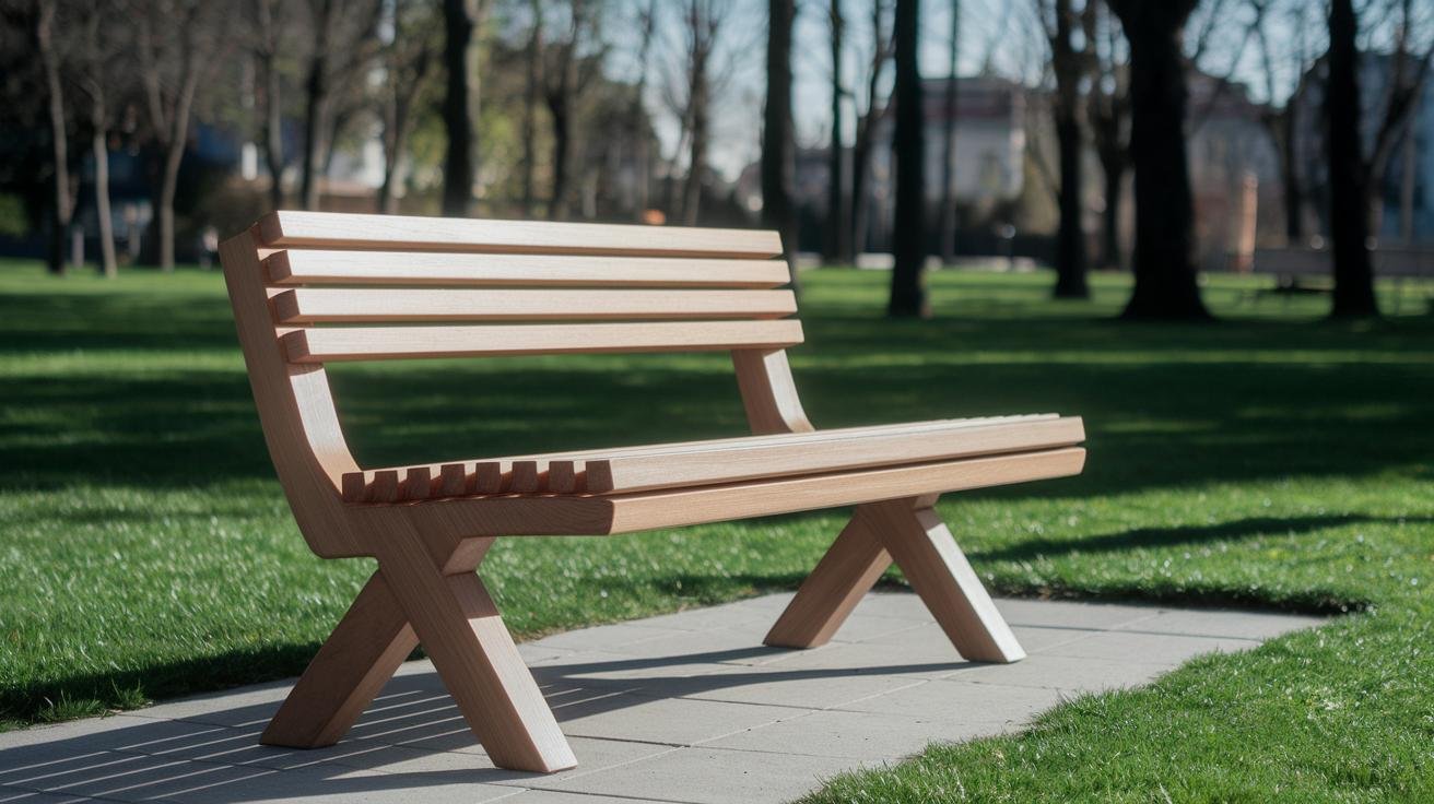 Close-up of teak wood grain on a modern outdoor bench seat