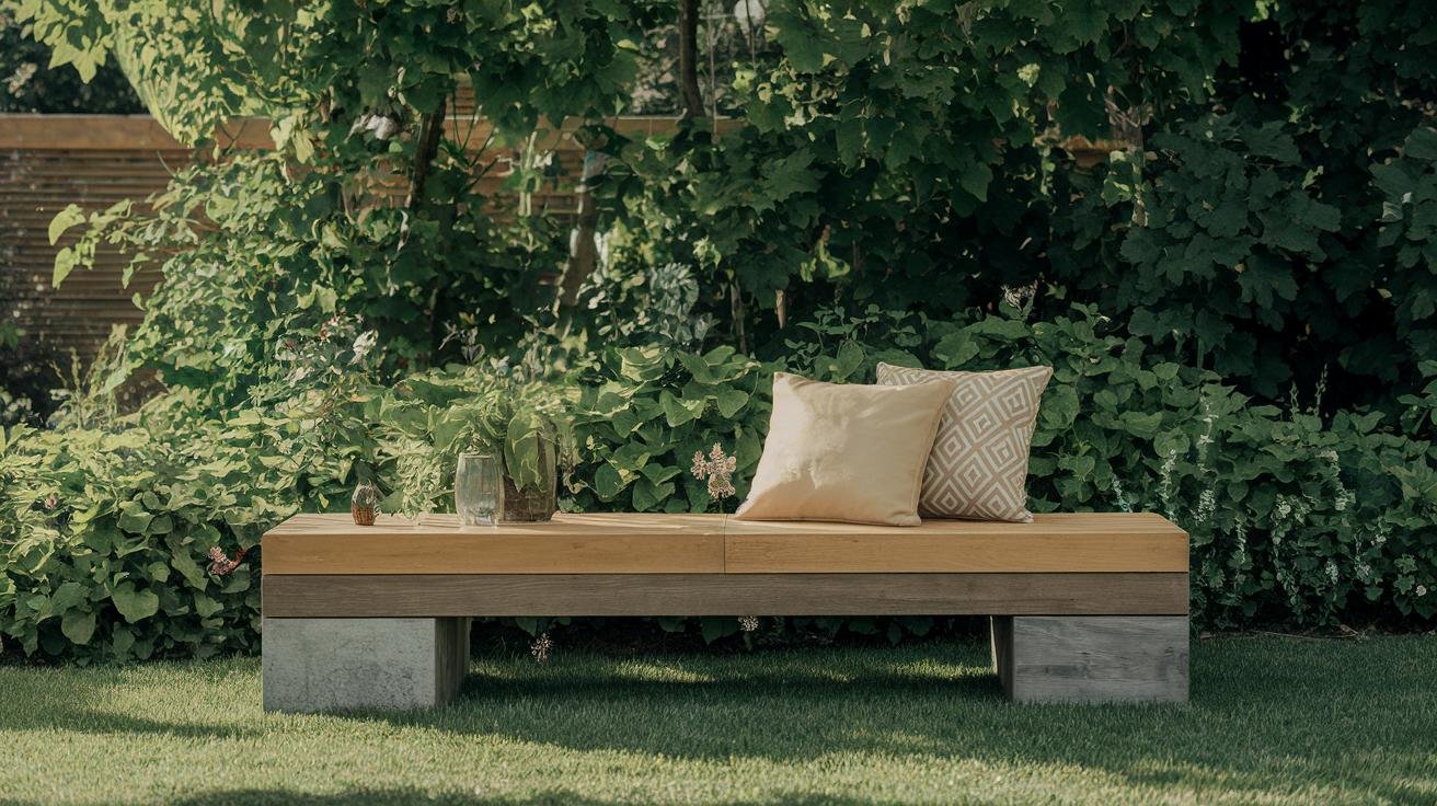 Modern outdoor bench under a covered patio with price tag visible