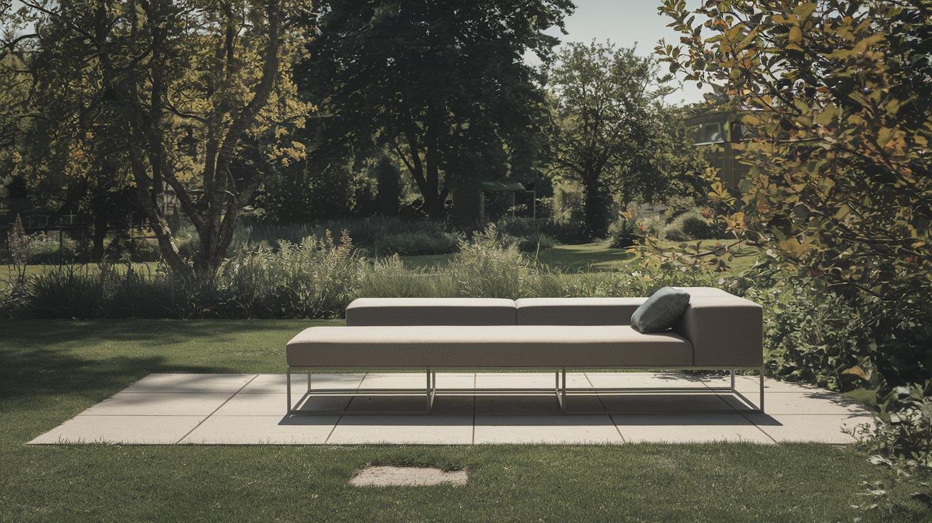 Industrial-style outdoor bench with concrete base and powder-coated steel slats