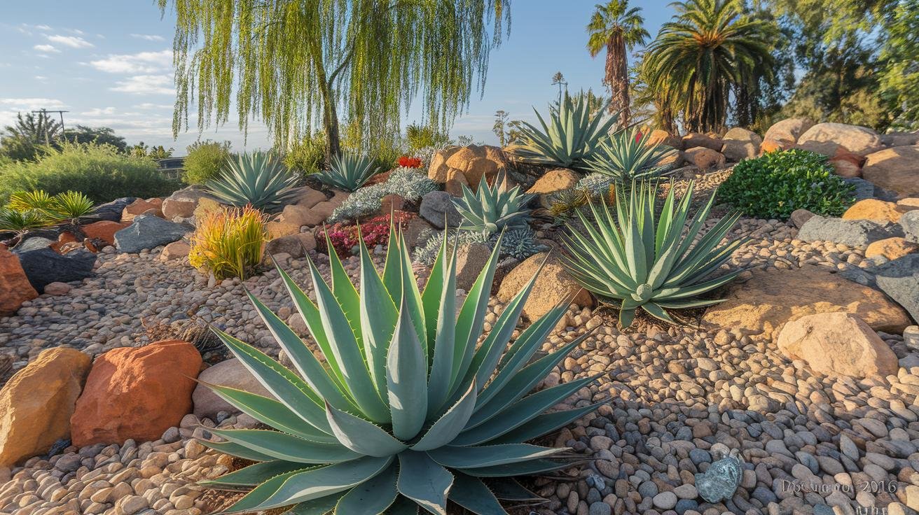Drought-tolerant succulents and native ornamental grasses in a xeriscape bed