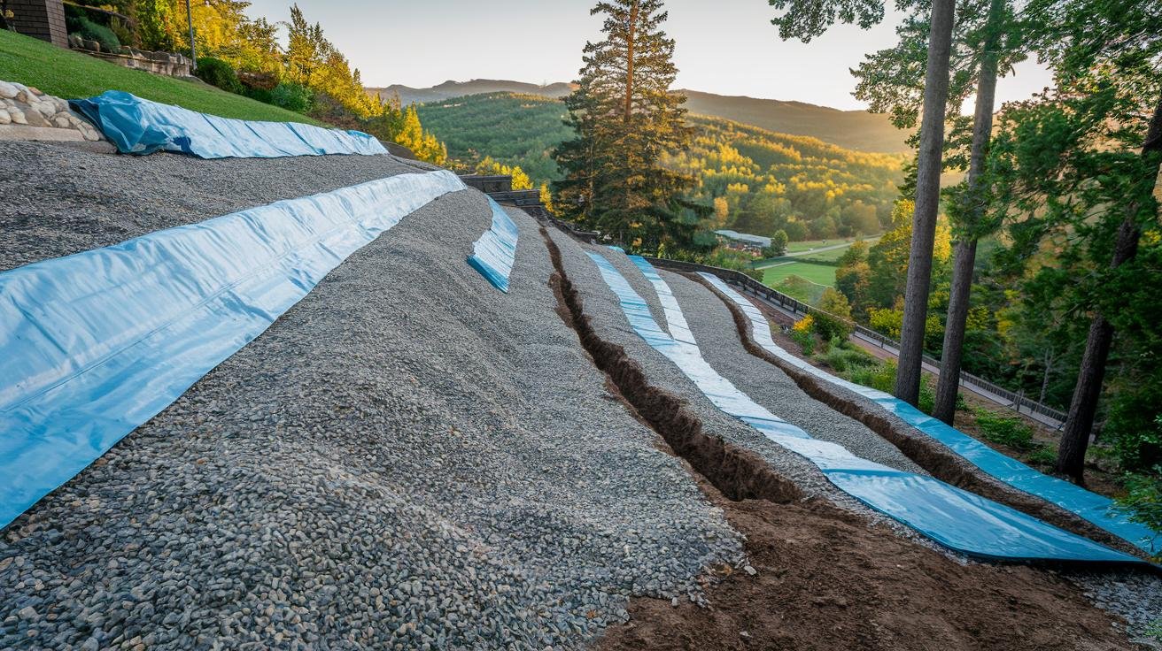 Person installing erosion control fabric and gravel on a sloped backyard