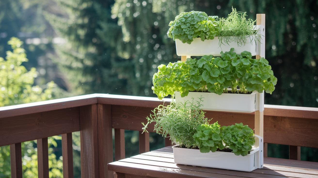 Person mounting a vertical herb garden kit on a wooden fence with drill and level