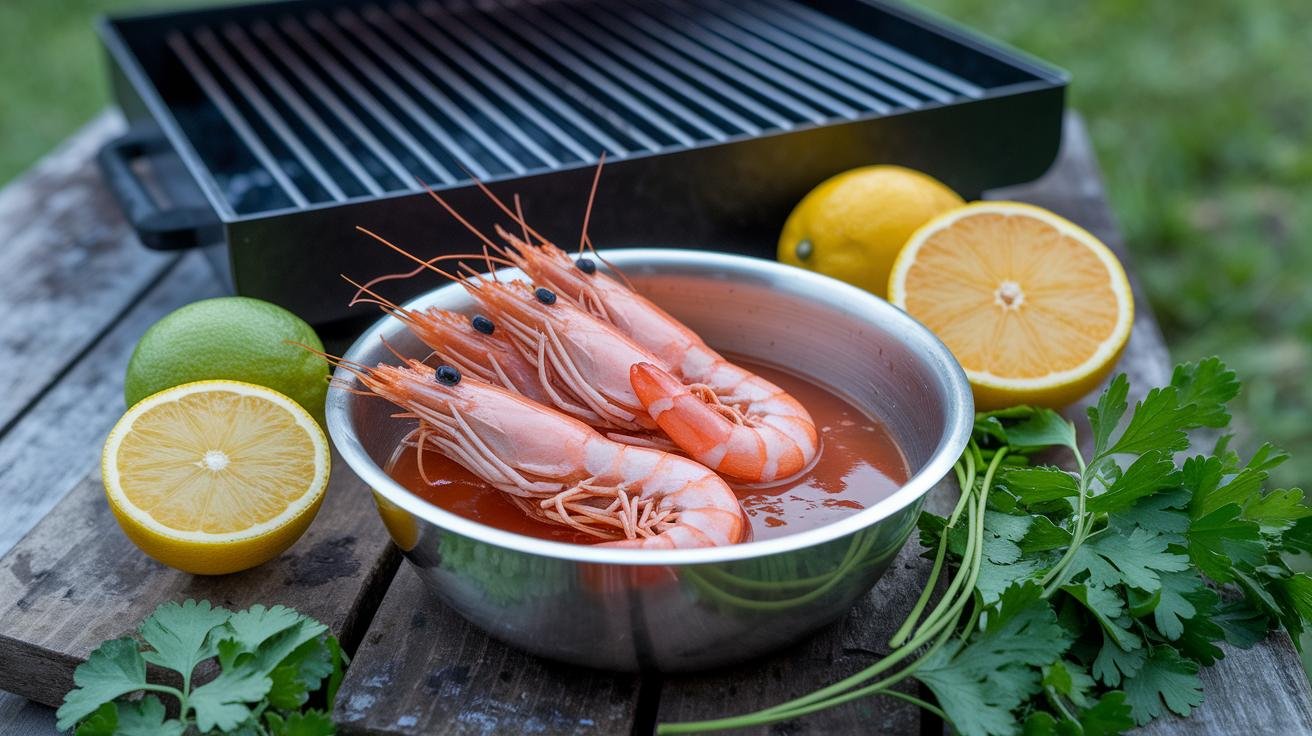 Bowl of marinated shrimp with garlic, lemon, olive oil, and herbs