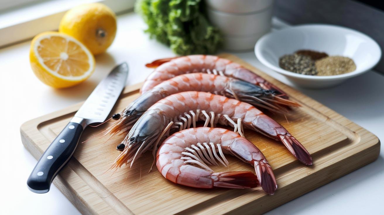 Large raw shrimp on a paper towel ready for skewering