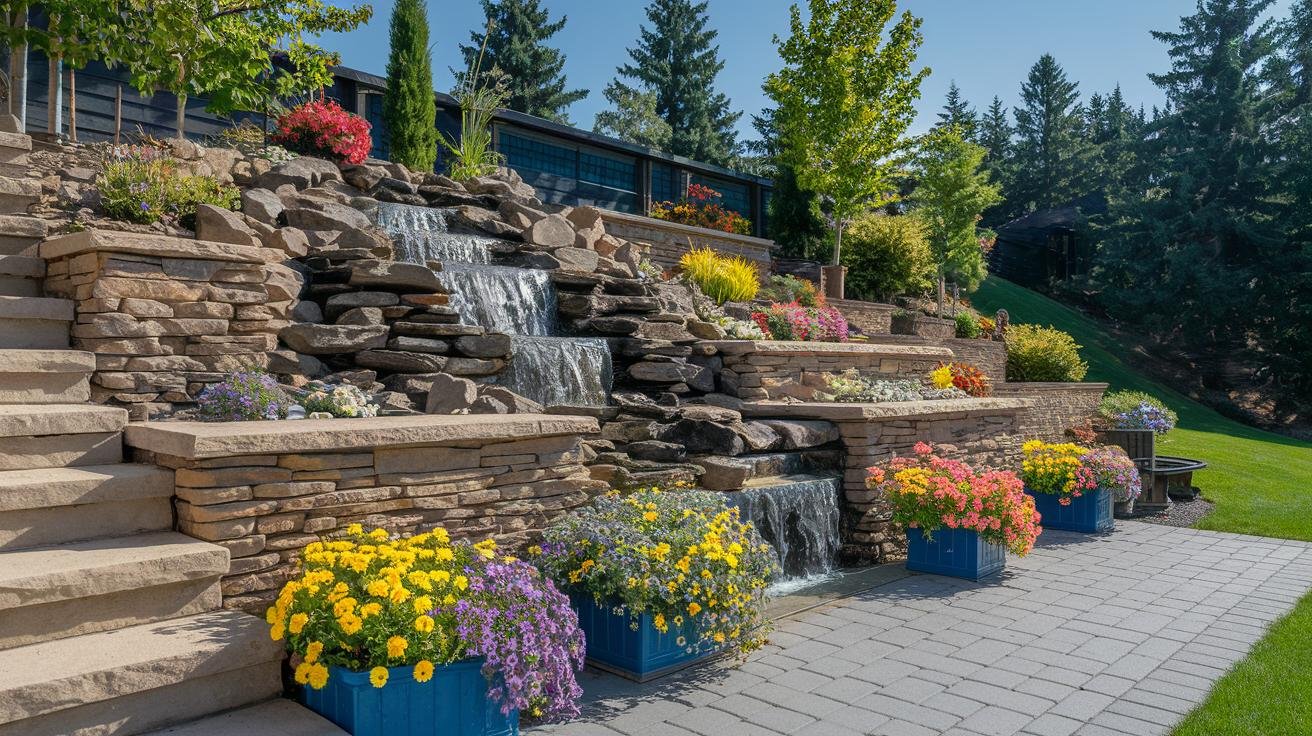 Sloped backyard rock garden with boulders, gravel, and alpine plants
