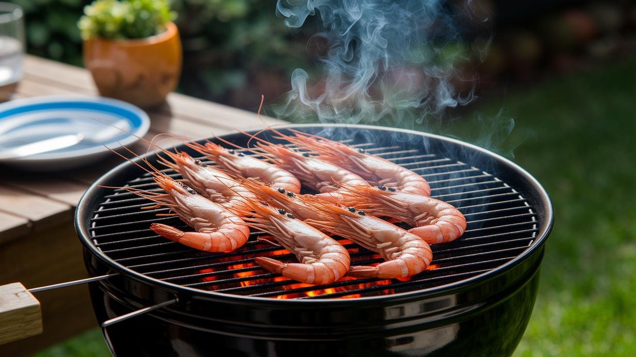 Charcoal grill with shrimp skewers cooking over white-ashed coals