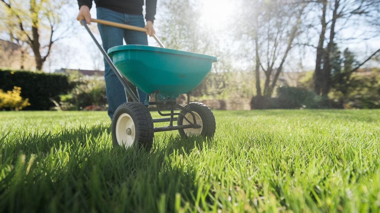 Person using a broadcast spreader to apply granular organic lawn fertilizer on a green lawn