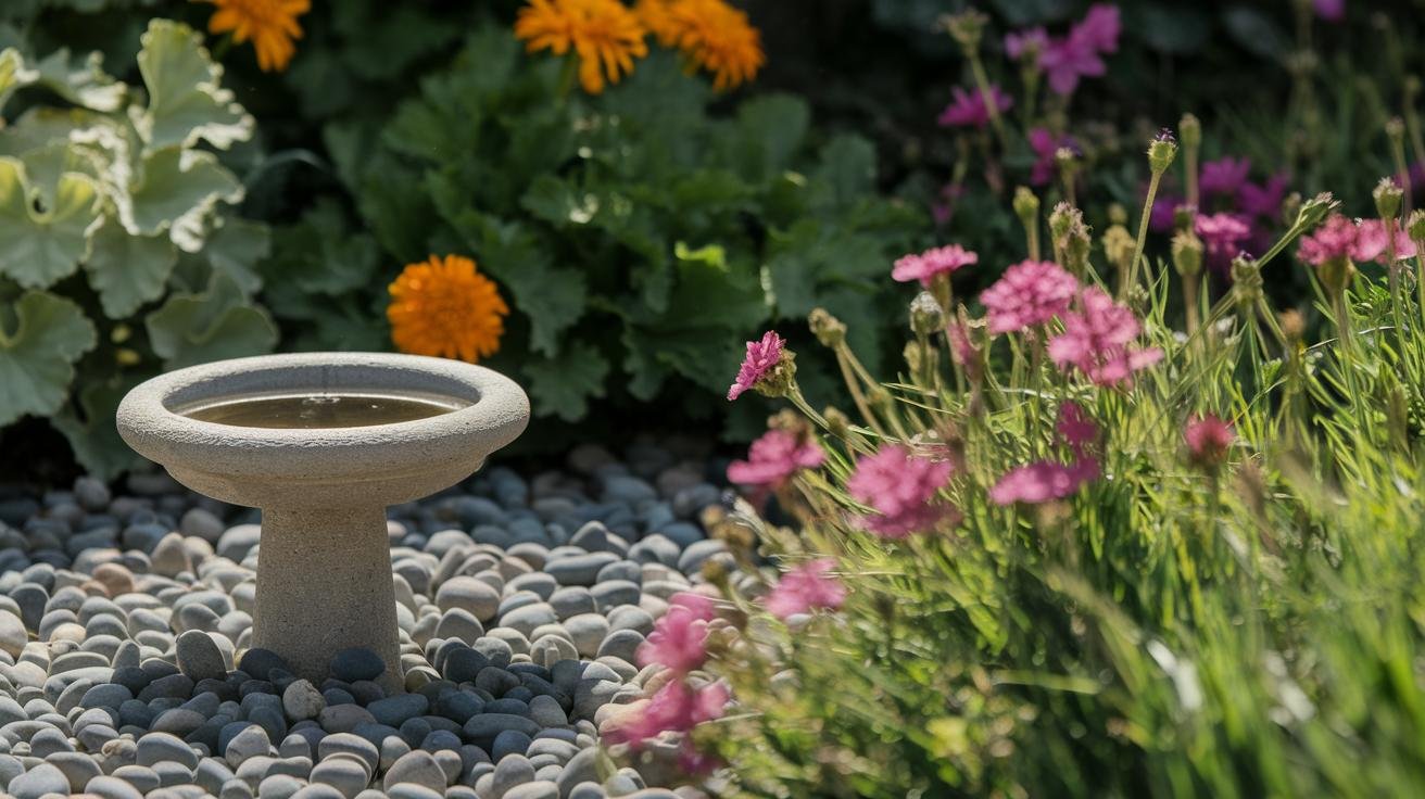 Shallow stone bee bath with pebbles, a bamboo bee hotel, and a brush pile in a pollinator garden corner