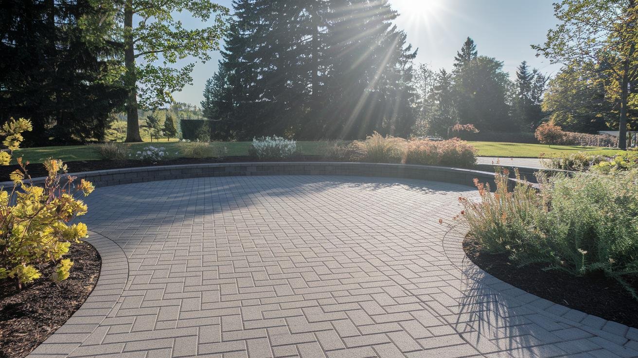 Four paver patterns laid side by side: herringbone, basketweave, running bond, and circular