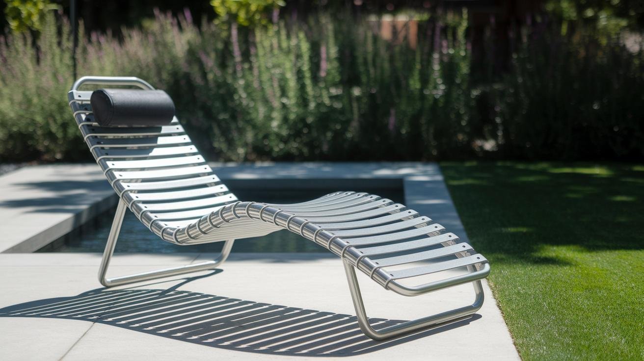 Three lounge chair material samples shown side by side: aluminum with textilene mesh, resin wicker, and waterproof cushion fabric