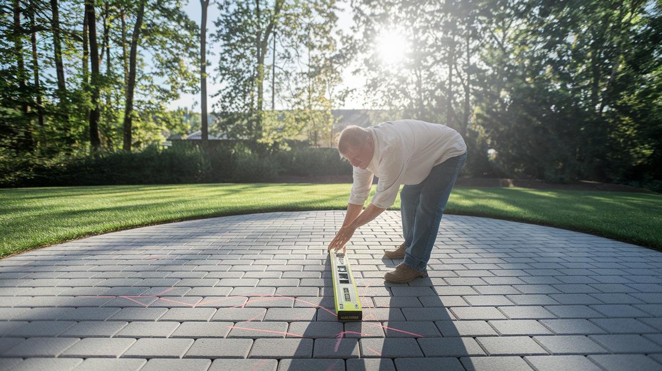 Installer setting pavers on a sand bed using a string line and rubber mallet