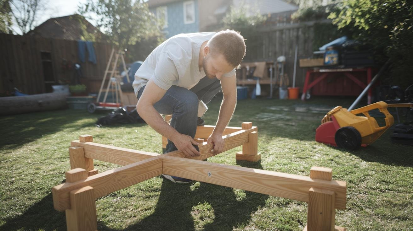 Wooden balance beam being inspected for cracks and resealed with weatherproof stain in a backyard