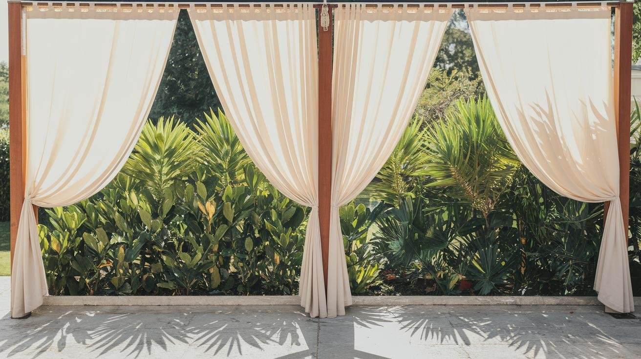 Person cleaning outdoor curtains with a soft brush on a patio