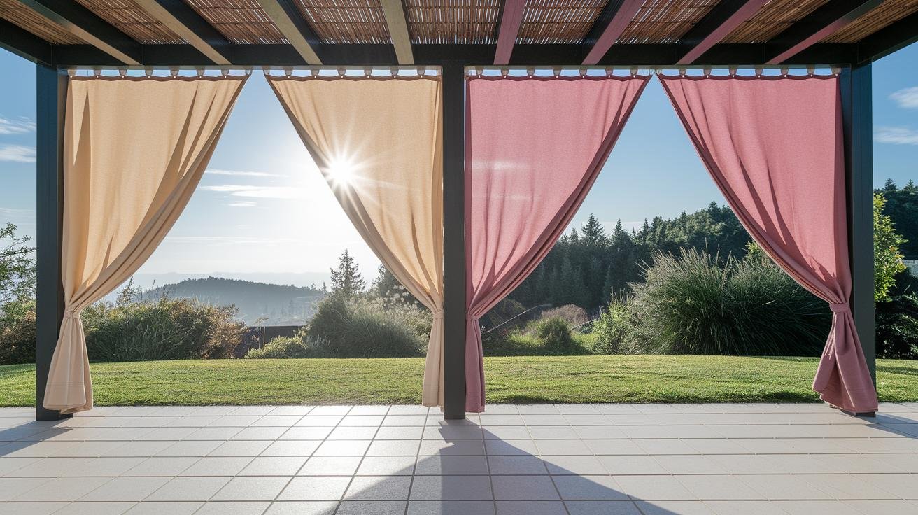 Various outdoor curtain fabric samples — sheer, canvas, acrylic, and waterproof