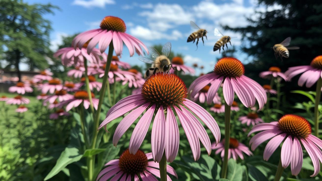 Pollinator garden with crocus, coneflower, bee balm, and aster representing early, mid, and late season blooms