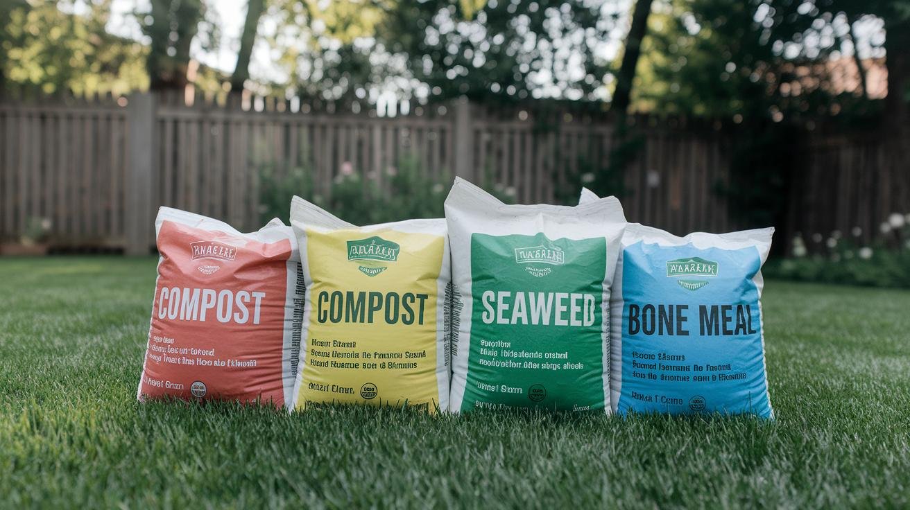 Five organic lawn fertilizers laid out side by side: compost, aged manure, kelp meal, bone meal, and blood meal