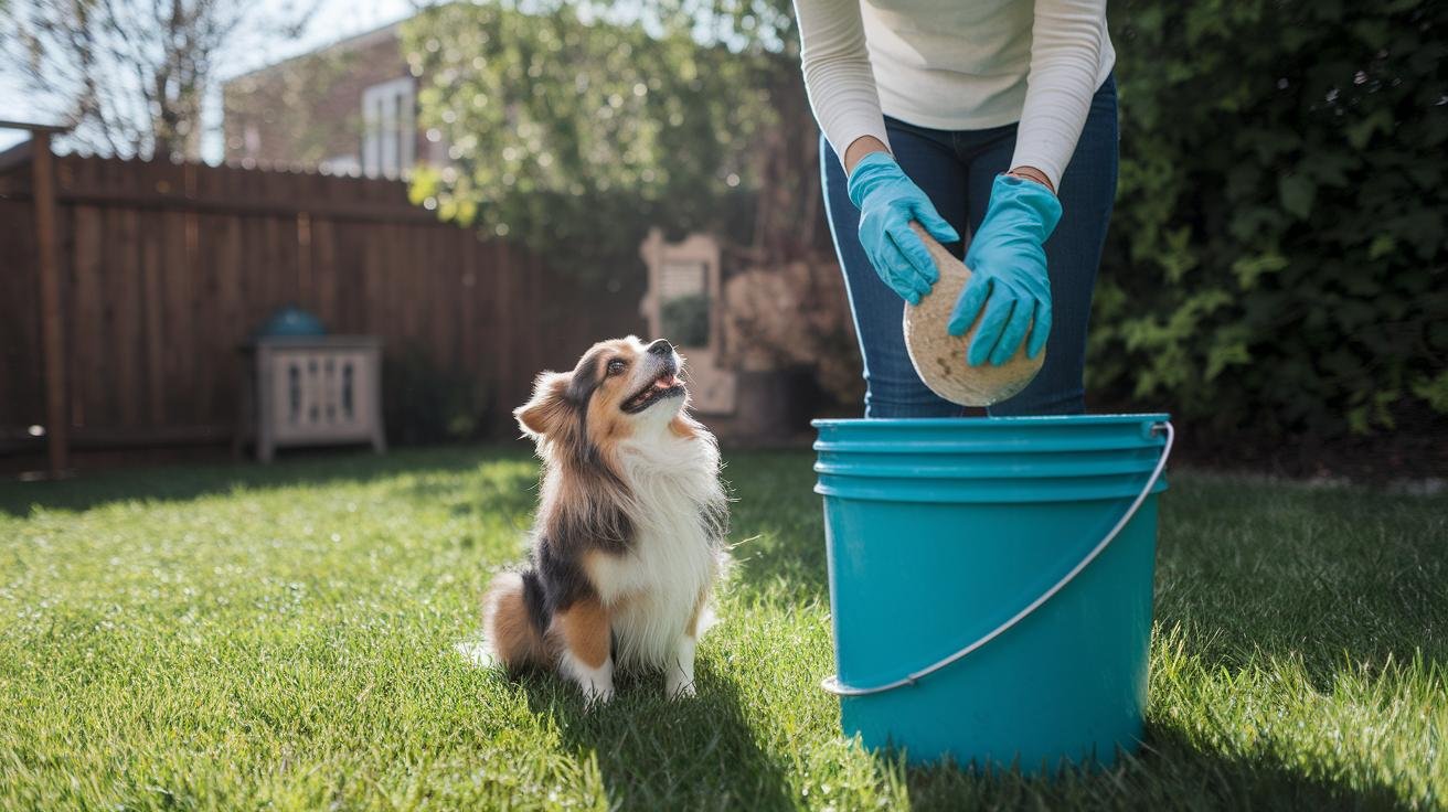Dog and child playing on a green lawn that was recently treated with organic fertilizer