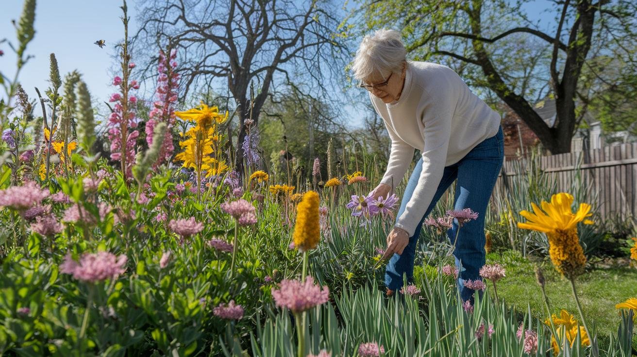 Hands clearing winter debris from a pollinator garden bed in early spring with new green shoots emerging