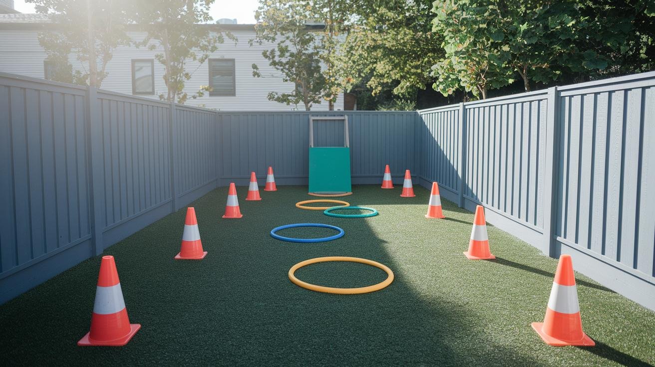 Six small-footprint obstacles arranged in a 14 by 14 foot backyard: balance beam, tire hops, rope ladder, PVC weave, jump cubes, agility ladder