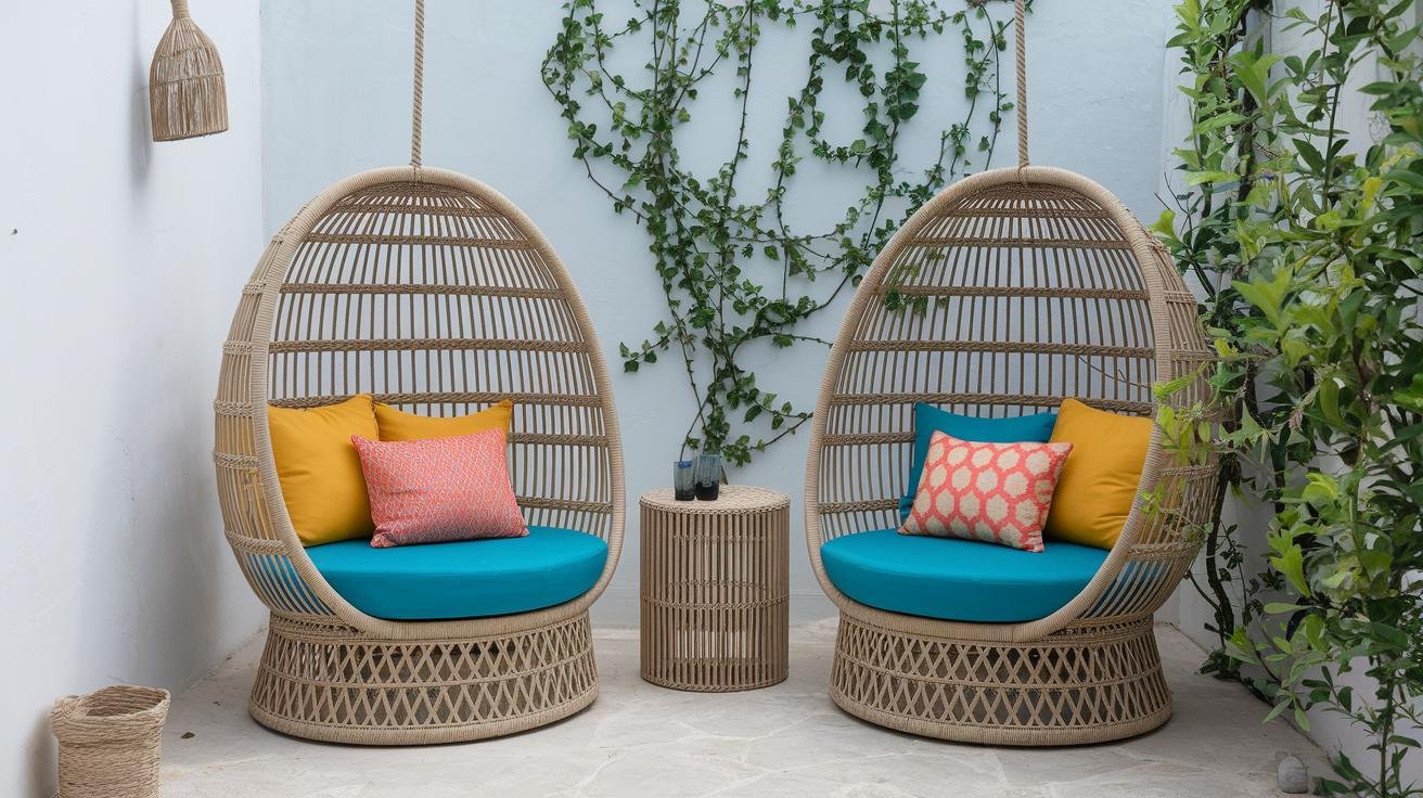 Small balcony styled with a slim lounge chair, a single tall planter, hanging string lights, and a pale-blue throw pillow