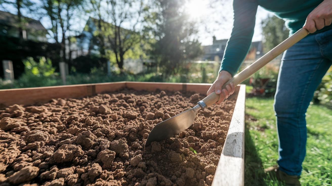 Hands working perlite into compacted raised bed soil with a garden fork to improve drainage