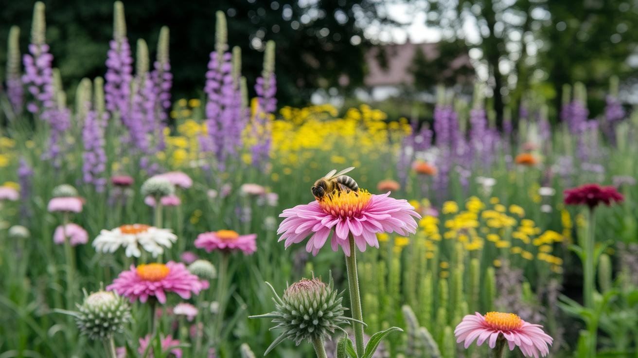 Layered pollinator garden bed with short alyssum edging, mid-height bee balm, and tall hollyhocks at the back