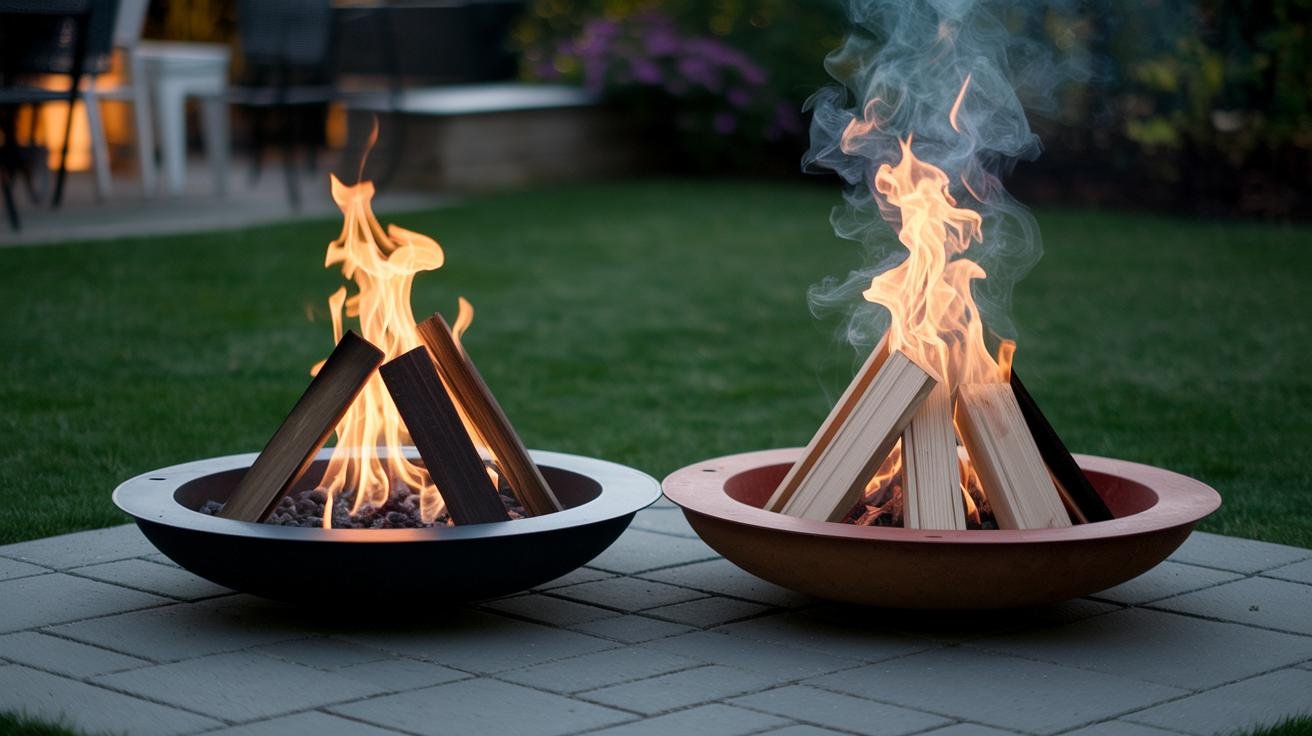 Comparison of minimal gas fire pit smoke against heavy wood fire smoke illustrating environmental impact differences