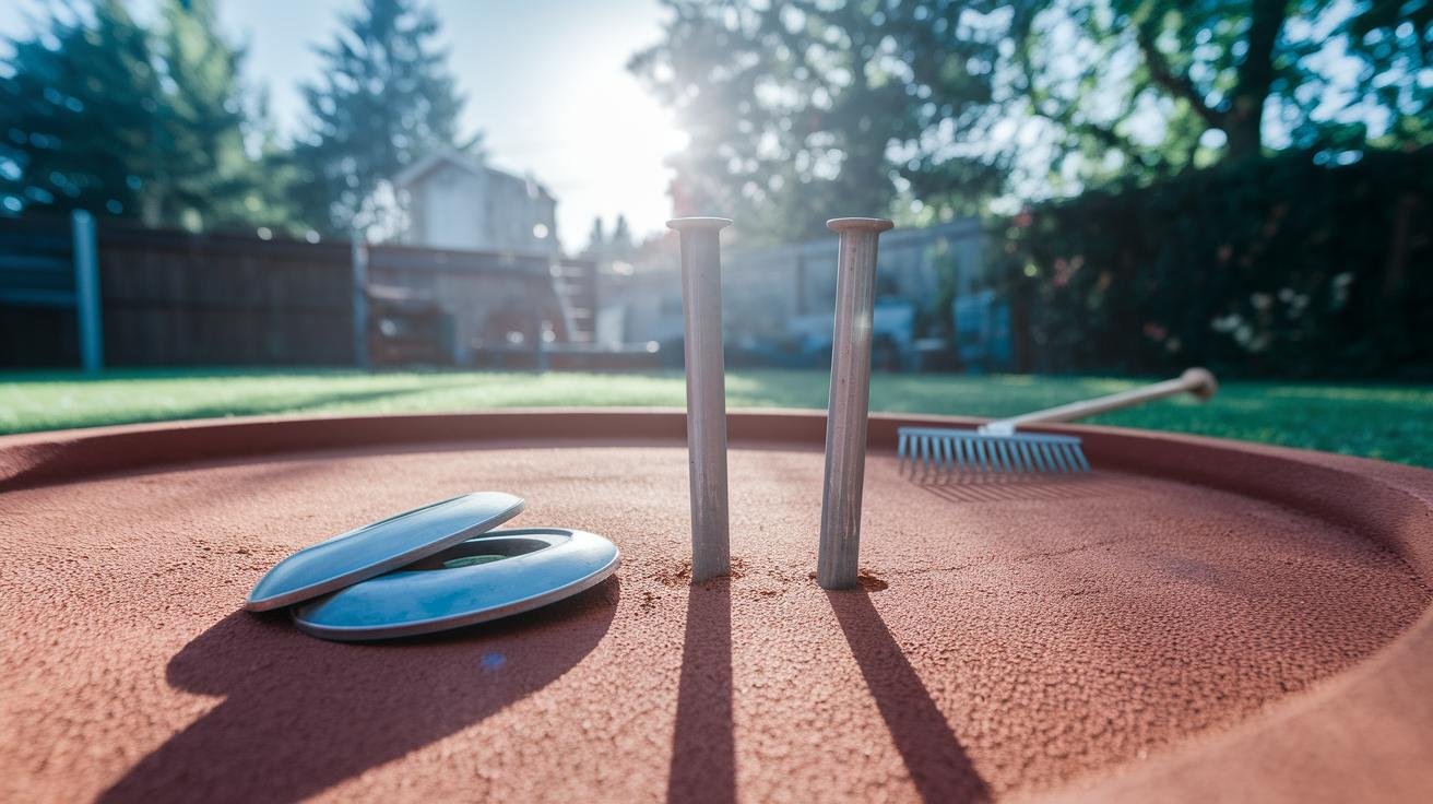 Steel horseshoes and metal stakes laid out next to a clay pit for a backyard horseshoes court setup