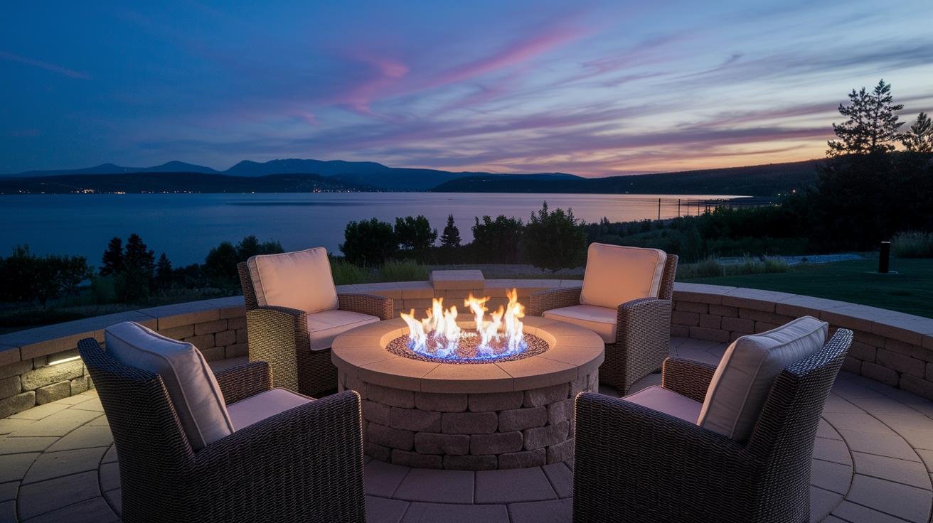 Wood-burning fire pit with crackling orange flames next to a gas fire pit with steady blue flames on a patio at dusk
