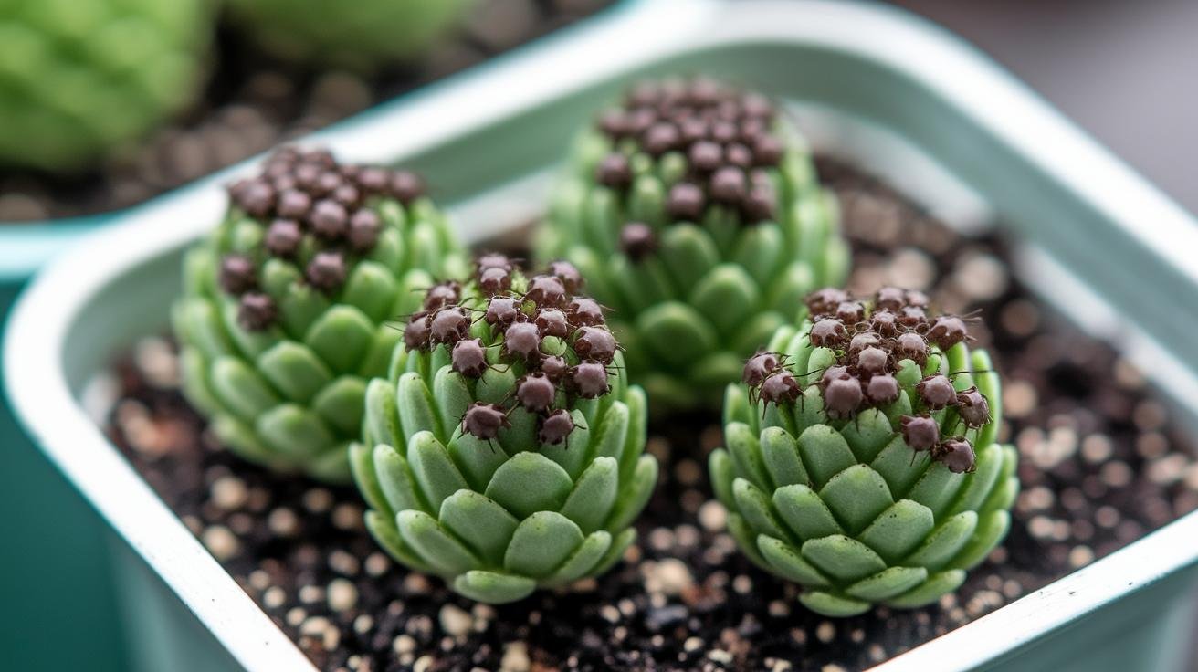 Close-up of aphid clusters on new plant growth inside a container garden