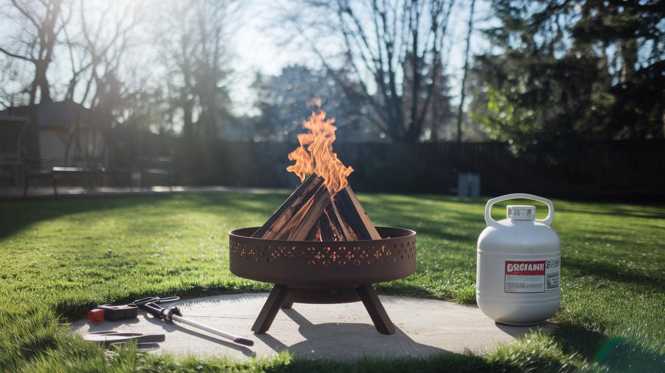 Gas fire pit with propane tank connection being tested with soapy water for leaks during backyard installation