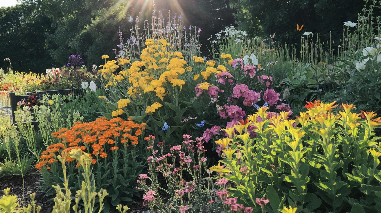 Gardener deadheading spent coneflowers in a summer pollinator garden bed to encourage continued blooming