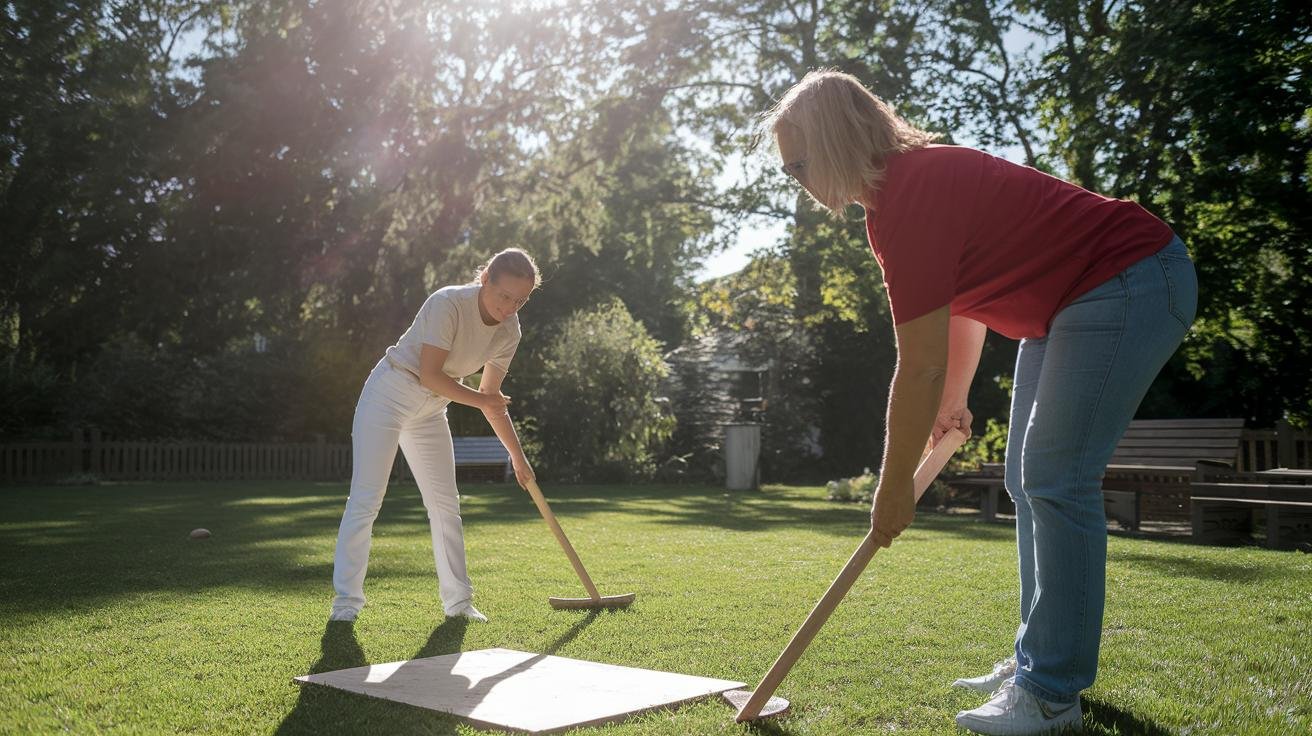 Player demonstrating proper horseshoes pitching stance with feet shoulder-width apart and underhand swing motion