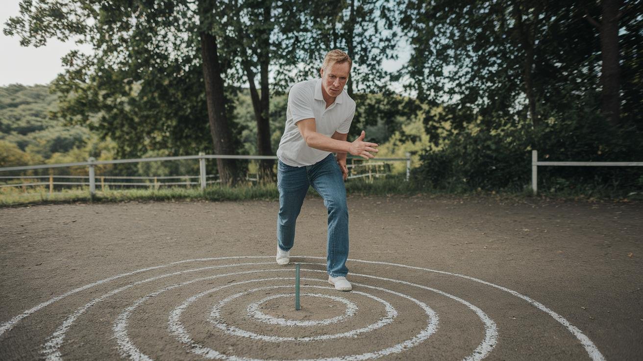Horseshoe player practicing target-circle accuracy drill with chalk rings marked at six and twelve inches from the stake