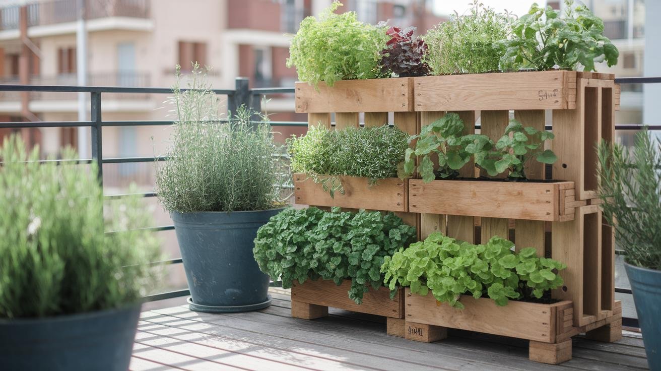Comparison of a ready-made vertical herb garden tower kit next to DIY wood pallet wall planter