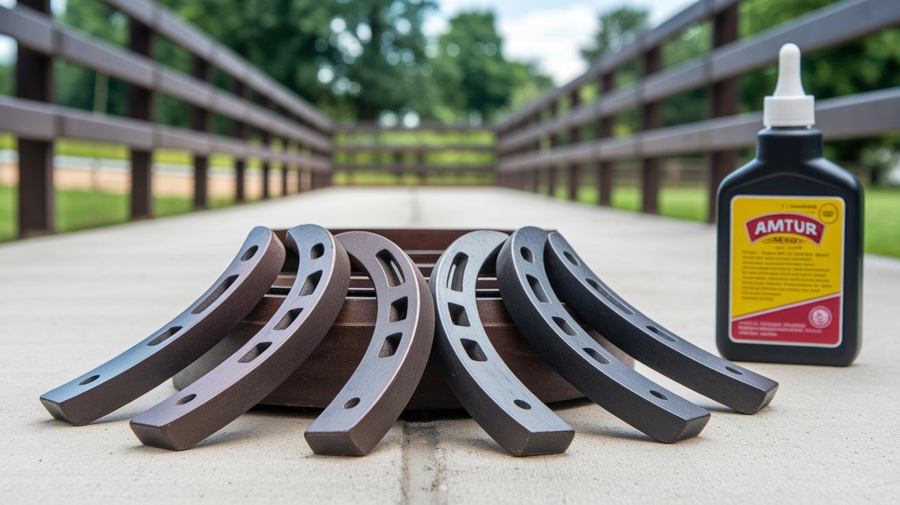 Properly stored horseshoes in a dry bag next to a raked clay horseshoe pit ready for play