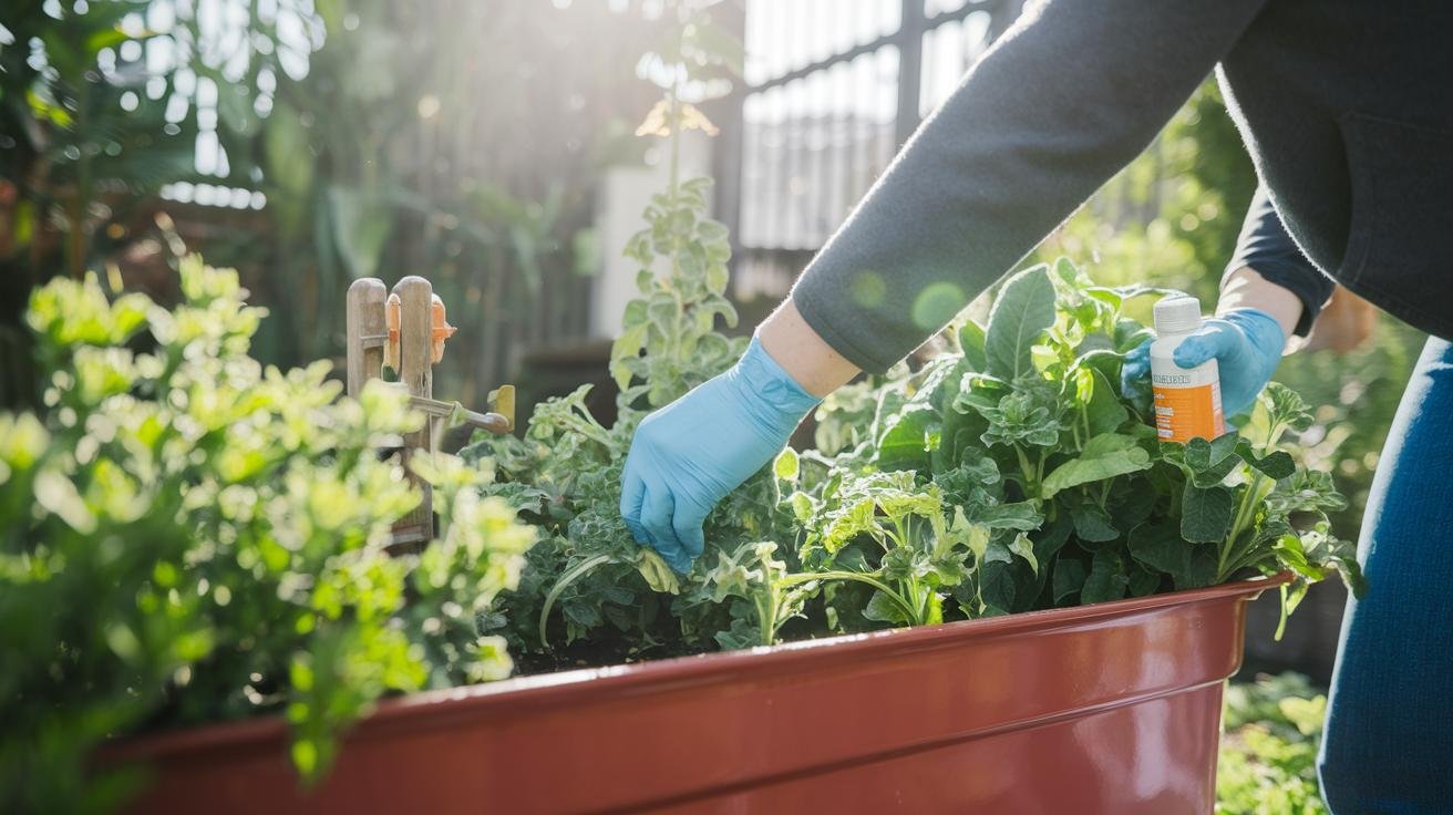 Gardener wearing gloves spraying neem oil solution onto container plant leaves in the evening