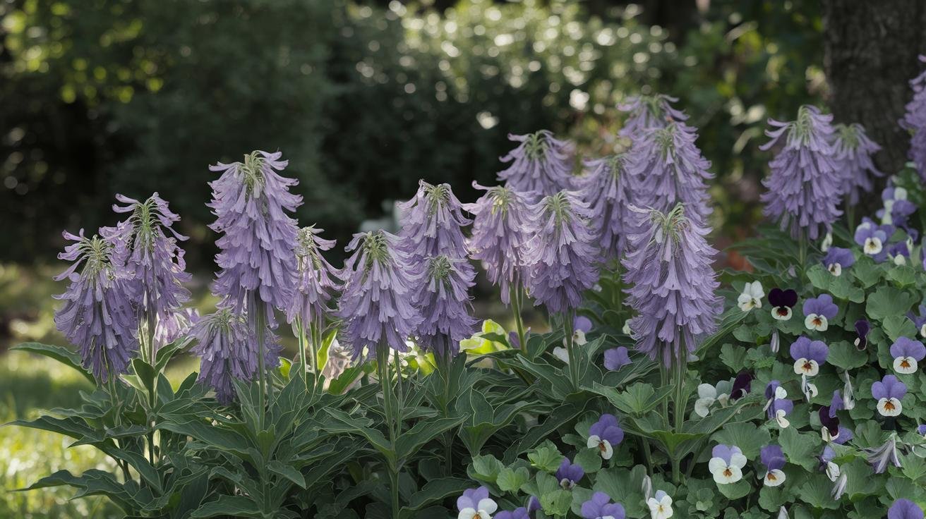 Coral bells with ruffled burgundy leaves growing in a partly shaded garden