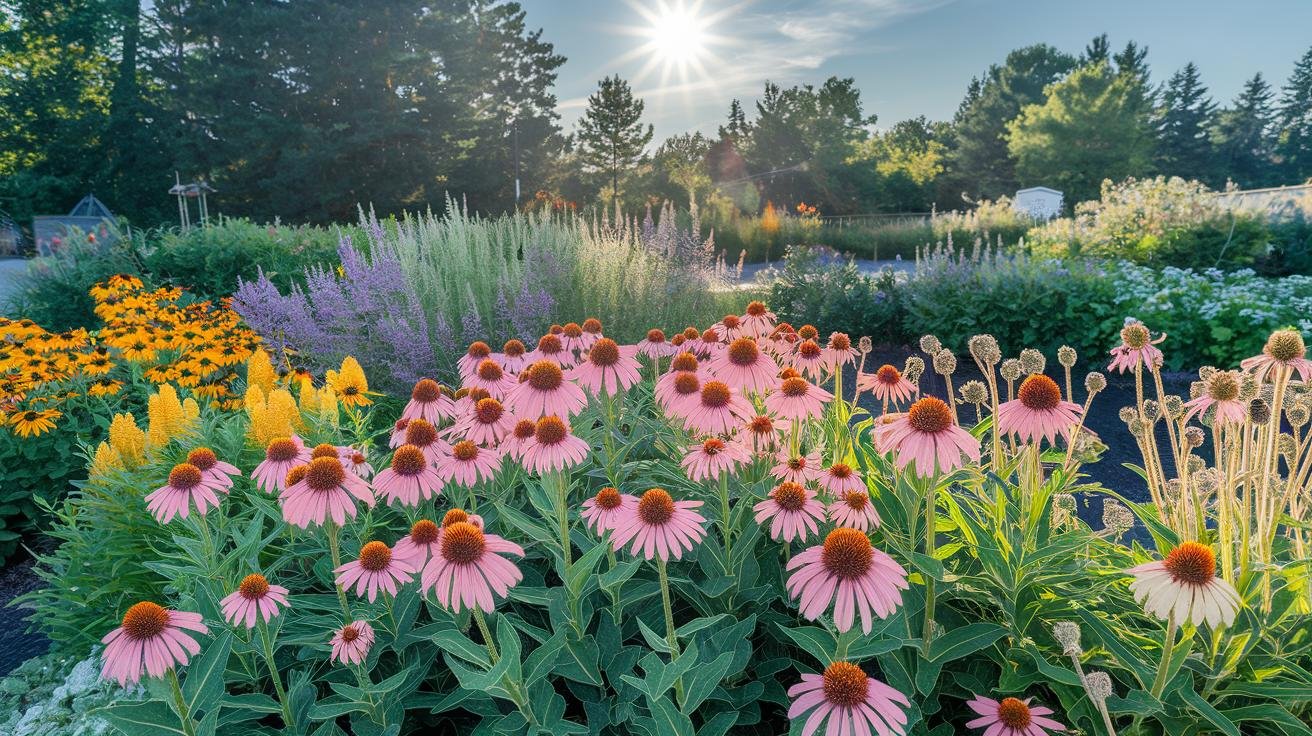 Native pollinator plants including coneflowers, milkweed, bee balm, and lavender arranged by bloom season in a garden bed