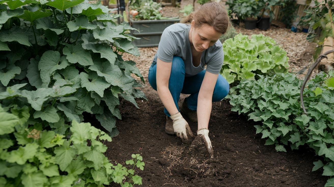 Hand mixing compost into prepared soil for a shade butterfly garden bed