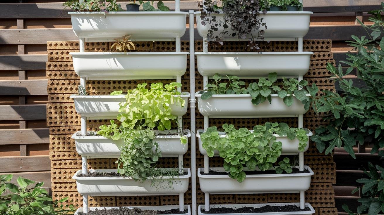 Modular white PVC vertical garden panels mounted on a patio wall with small plants in each pocket