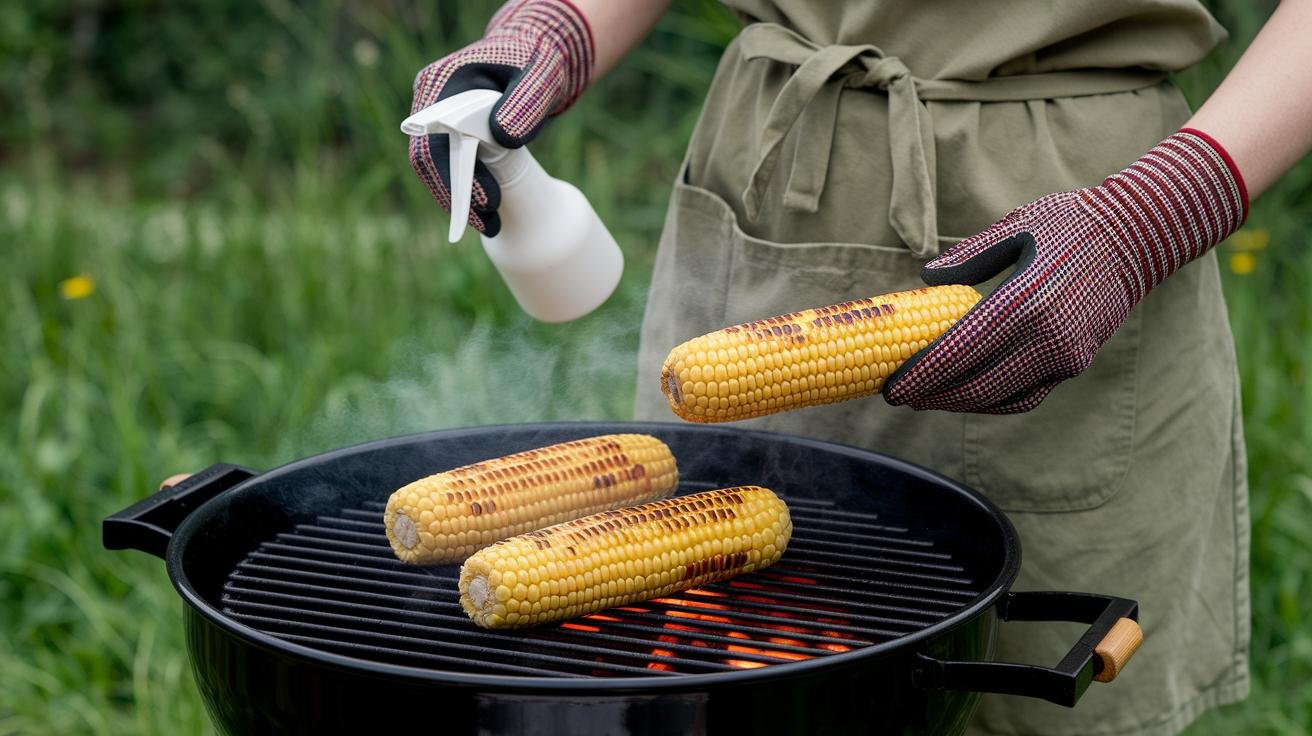 Two-zone charcoal grill setup with hot coals piled on one side and corn on the cooler side