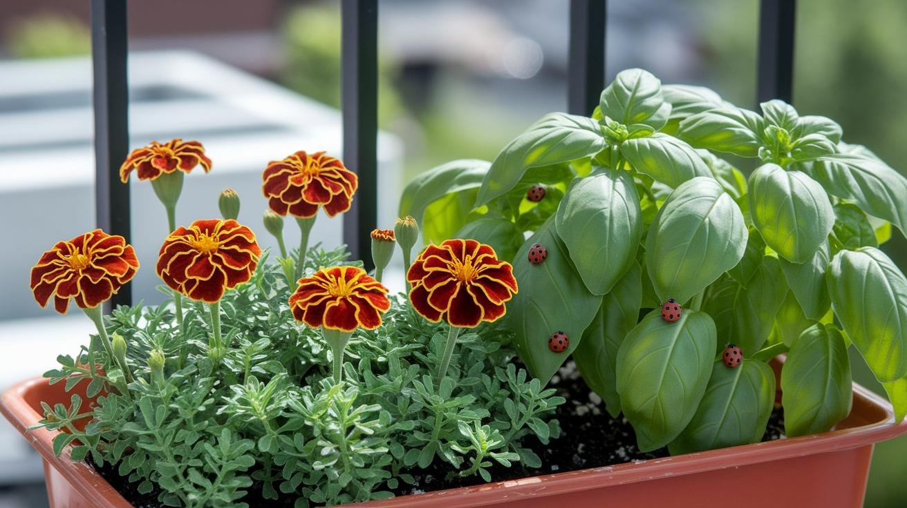 Ladybugs released onto container garden leaves to control aphid infestation naturally