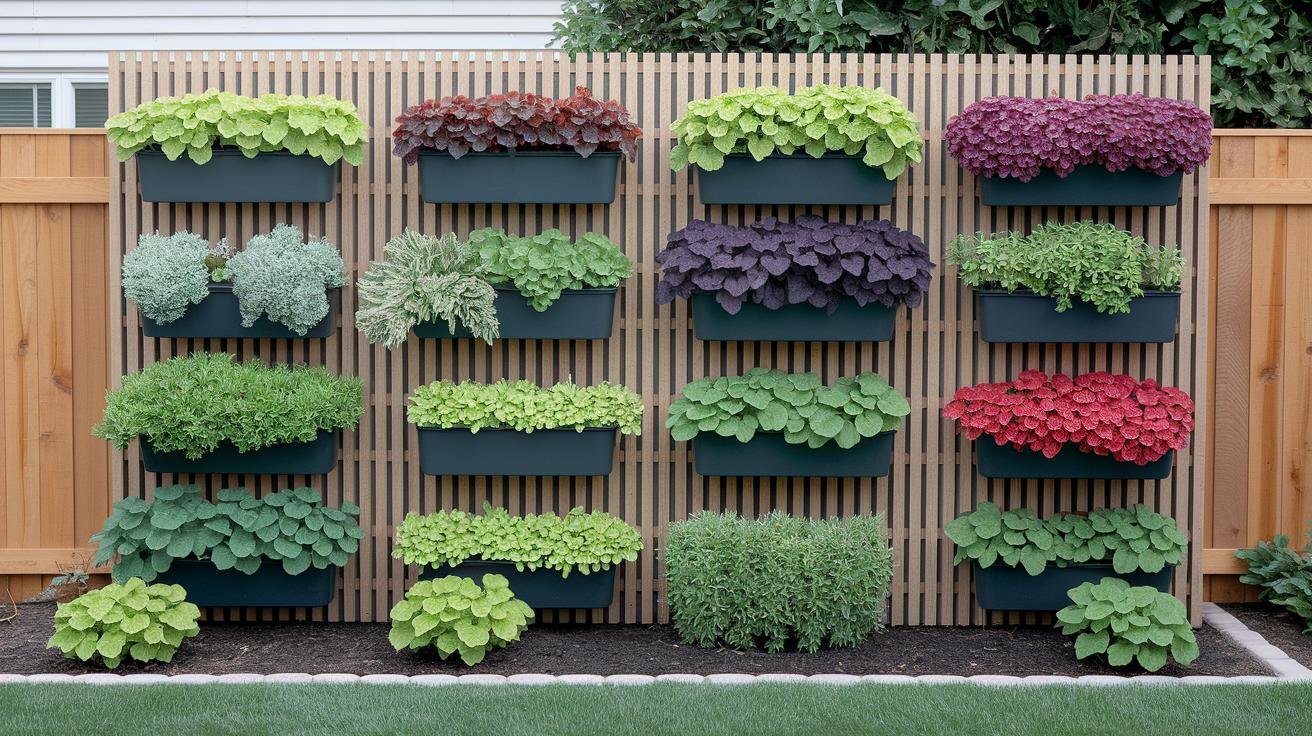 Cedar slat vertical garden frame mounted on an outdoor wall with small herb pots attached